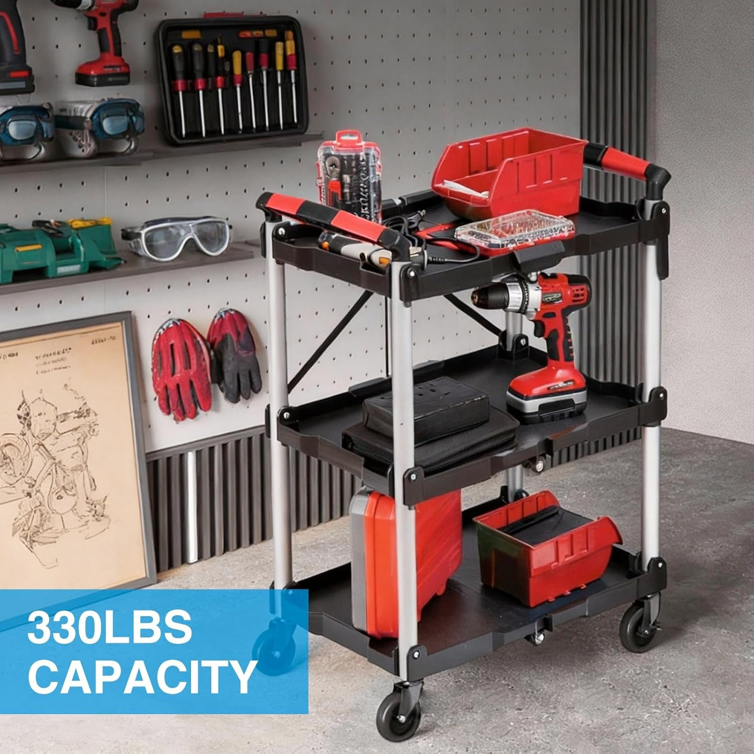 3-Shelf Foldable Rolling Utili - Workshop Tools Trolley ulasan dan harga